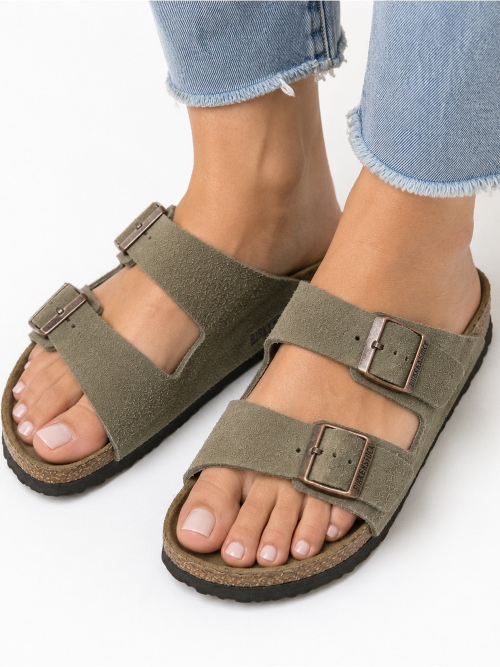 Birkenstock Arizona Soft Footbed Suede Sandals Olive Taupe EU 37 US 6/6.5